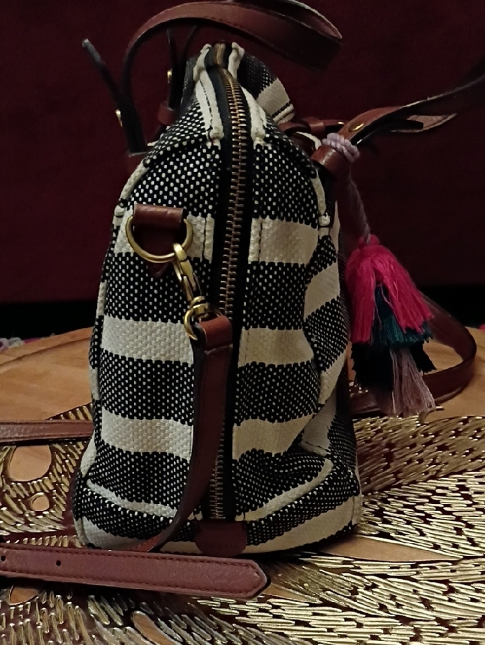 Fossil Black and White Striped Satchel with Brown Leather Trim and Pink Tassel - Picture 6 of 12